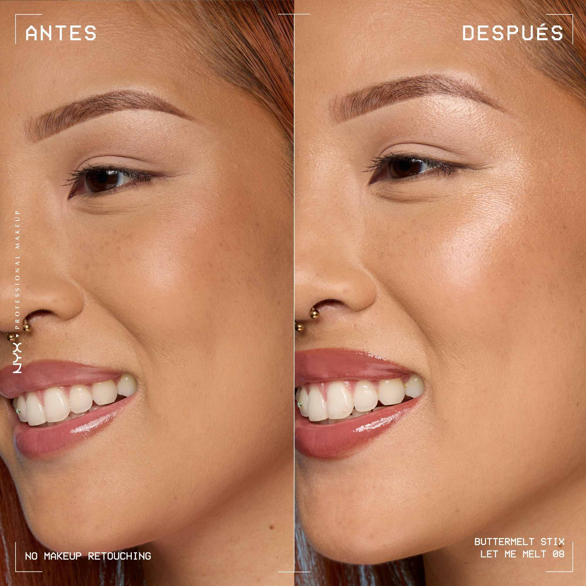 A side view of a model's face showing before and after results of using Buttermelt Stix in shade 08 Let Me Melt