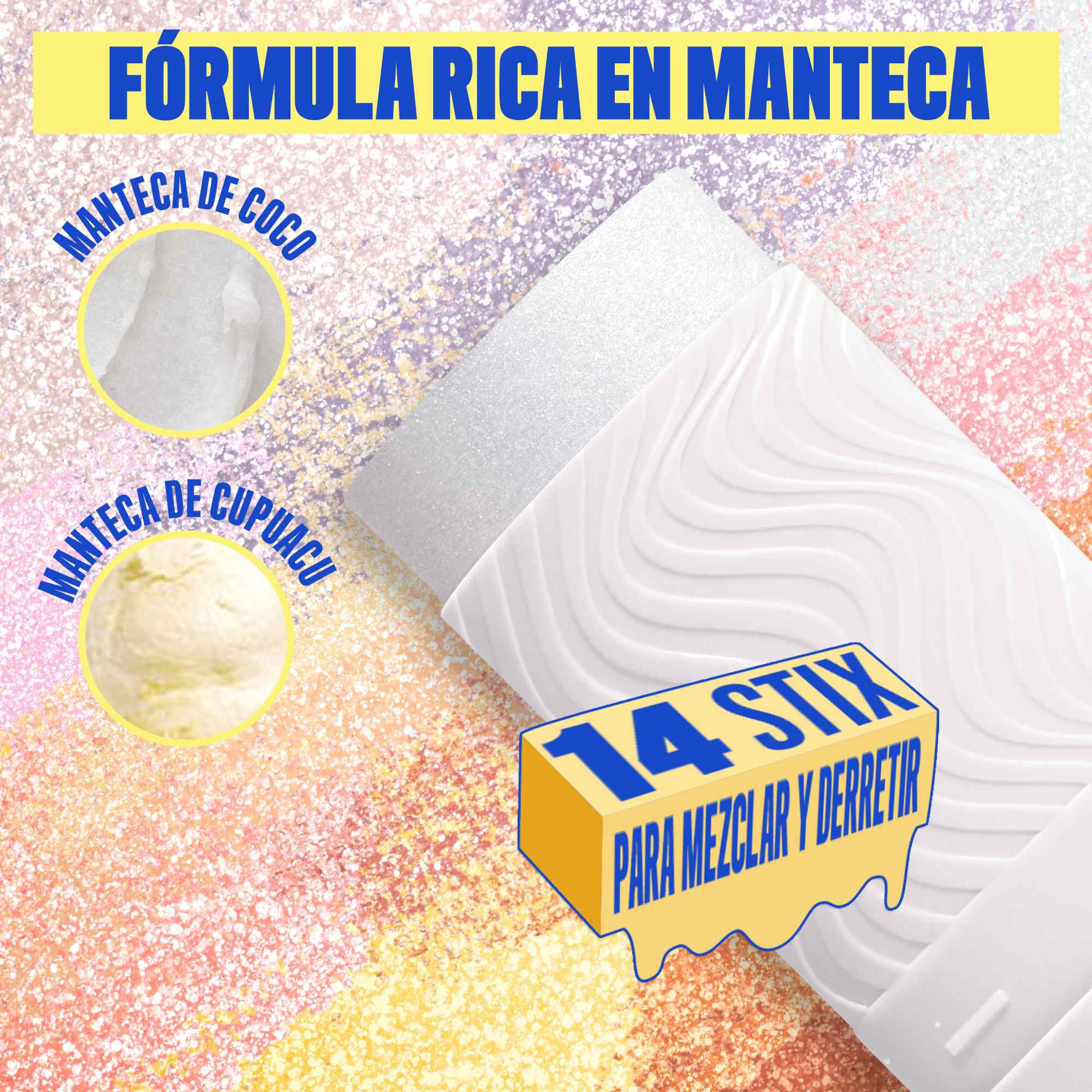 Buttermelt Stix product shown with various swatch textures as the background focusing on the coconut butter and cupuacu butter ingredients in shade 03 That's So Melt