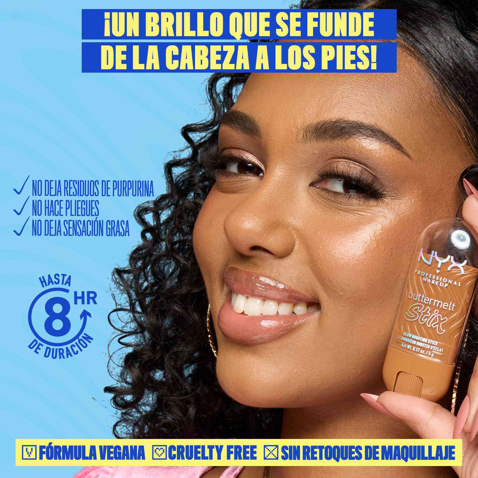 Smiling model holding a NYX Buttermelt Stix highlighter in a golden shade. Text reads: "Butta highlight from head to toe! Butta smooth glide, butta quick glow." Additional callouts: "No glitter fall-out, non-cakey, non-greasy feel." 8-hour wear badge and icons for vegan, cruelty-free, no retouching are included.
