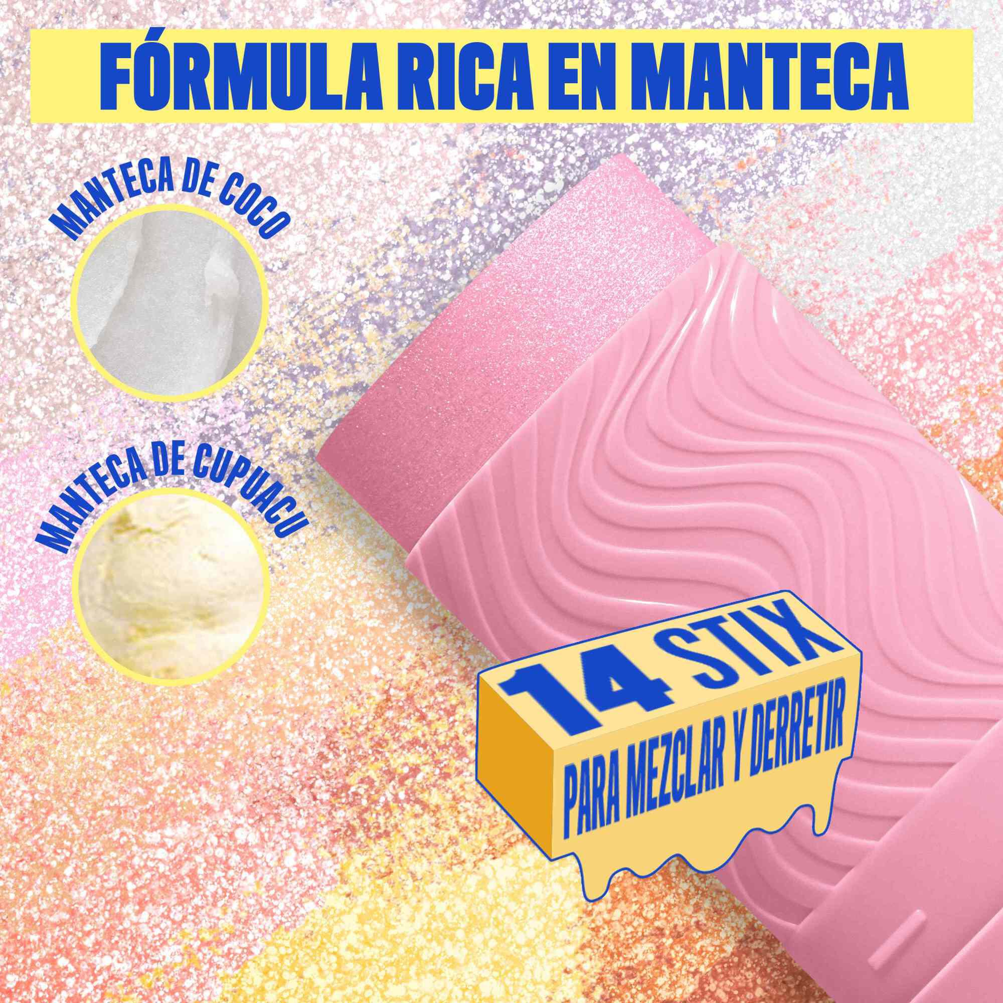 Buttermelt Stix product shown with various swatch textures as the background focusing on the coconut butter and cupuacu butter ingredients in shade 04 My Melt Era