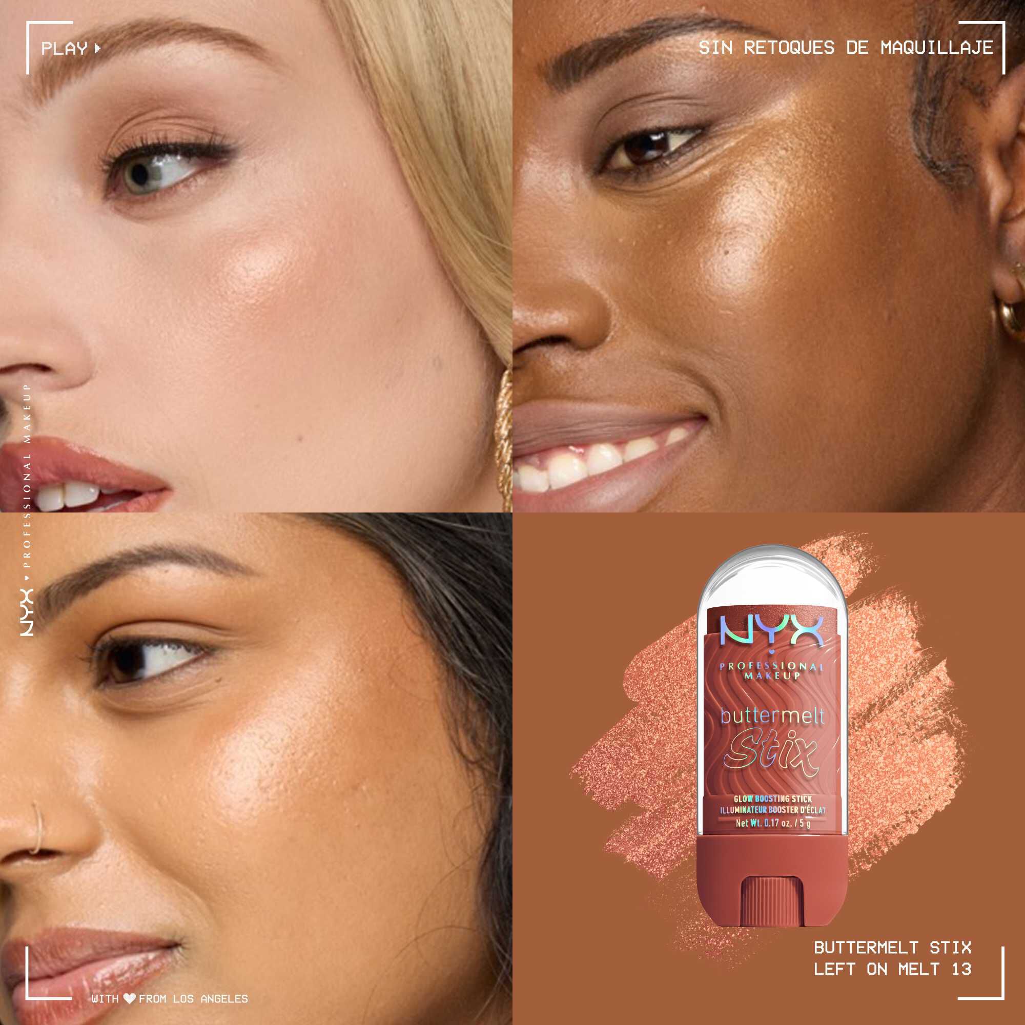Quadrant showing Jelly Job lip macros on three models of fair, deep, medium skin tones and the product solider with swatch behind the hex code color in shade 13 Left On Melt