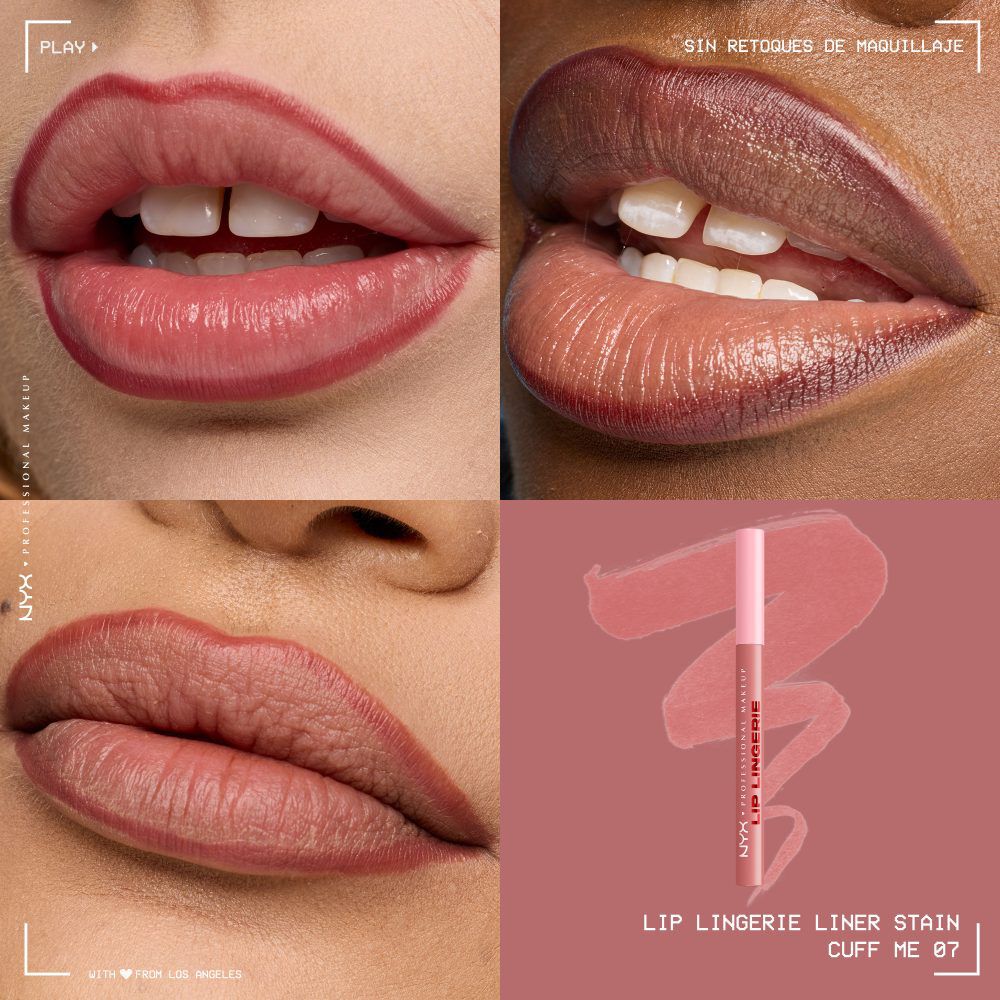 Quadrant showing Lip Lingerie Lip Liner Stain on three models of fair, deep, medium skin tones and the product solider with swatch behind the hex code color in shade 07 Cuff Me
