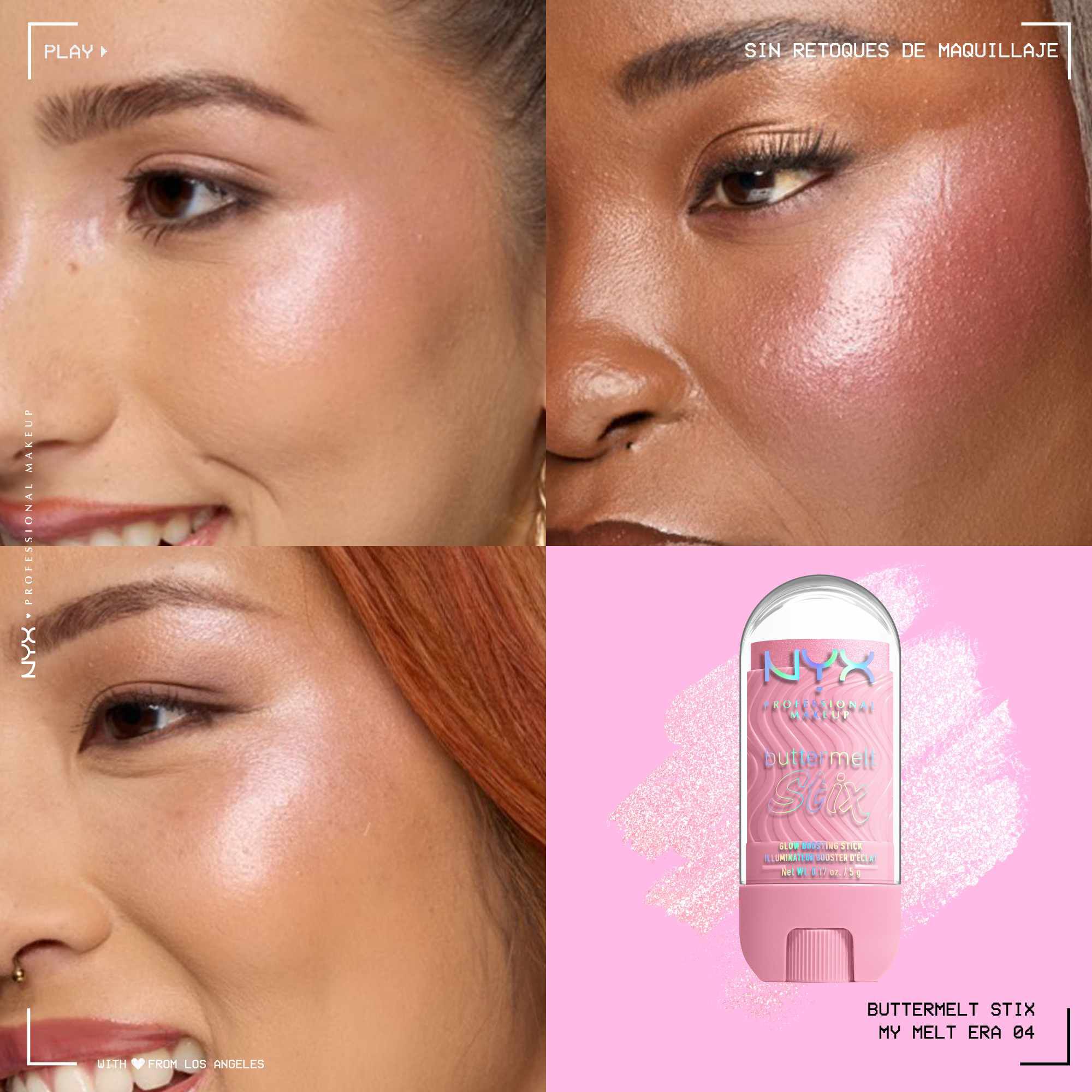 Quadrant showing Jelly Job lip macros on three models of fair, deep, medium skin tones and the product solider with swatch behind the hex code color in shade 04 My Melt Era
