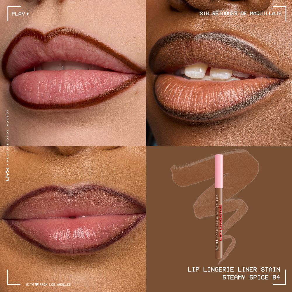 Quadrant showing Lip Lingerie Lip Liner Stain on three models of fair, deep, medium skin tones and the product solider with swatch behind the hex code color in shade 04 Steamy Spice