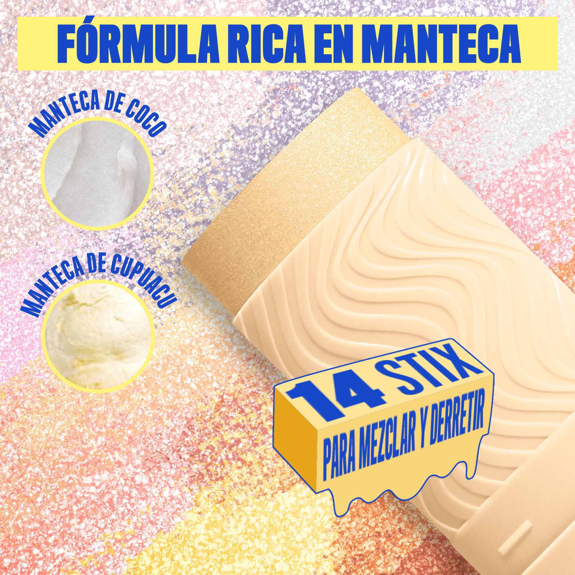 Buttermelt Stix product shown with various swatch textures as the background focusing on the coconut butter and cupuacu butter ingredients in shade 05 Sending Melt