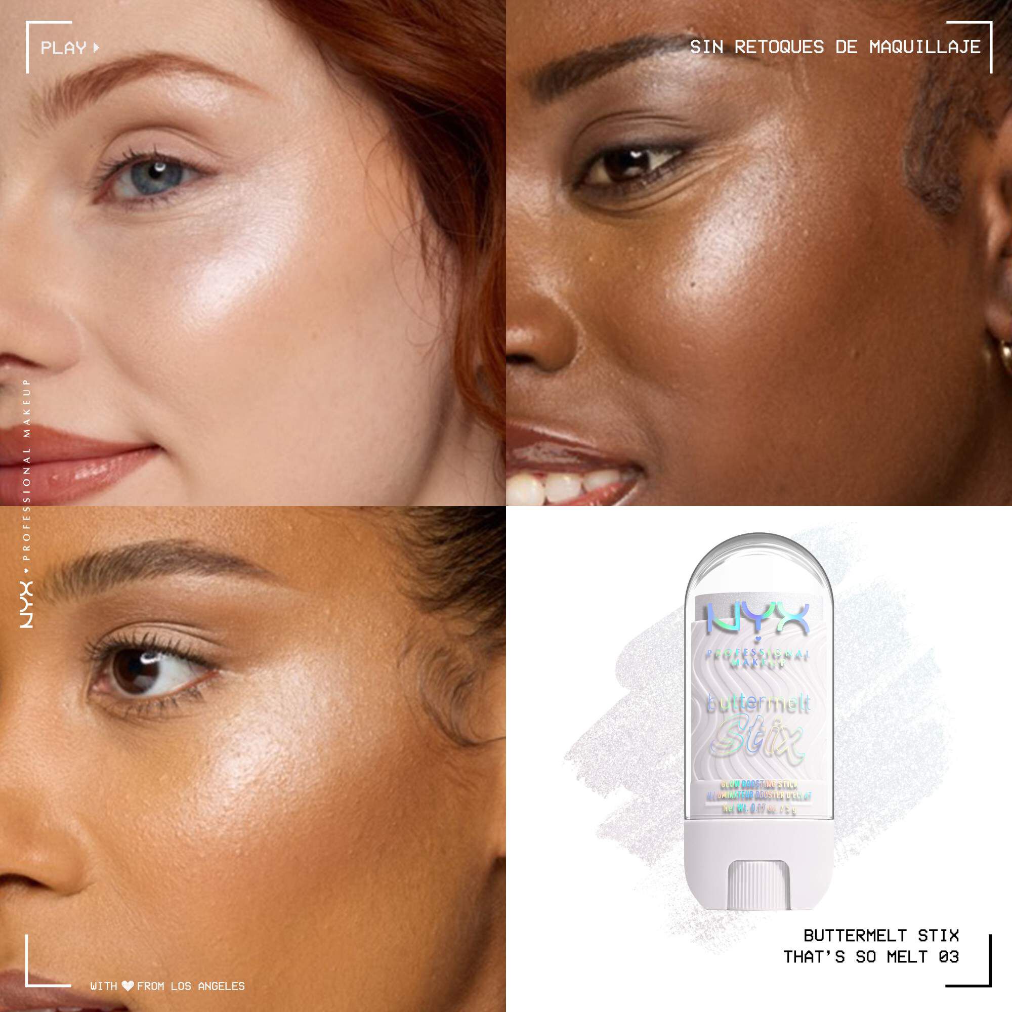 Quadrant showing Jelly Job lip macros on three models of fair, deep, medium skin tones and the product solider with swatch behind the hex code color in shade 03 That's So Melt