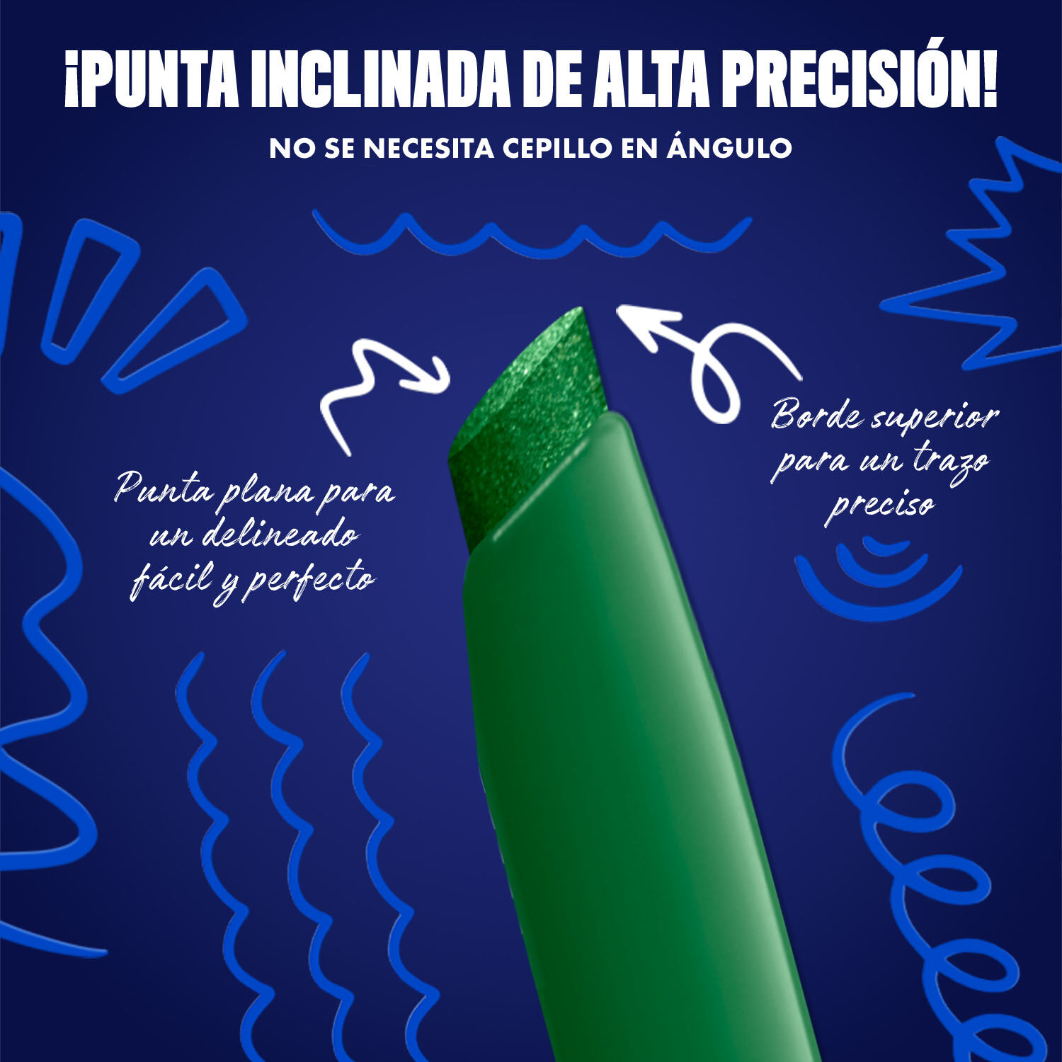 Blue-themed NYX graphic highlighting the slanted tip of an eyeliner pen. Arrows explain how to use the flat edge for wings and the top edge for precise lines. Text: "Ultra precise slanted tip! No angled brush needed." in shade 14 Electric Emerald