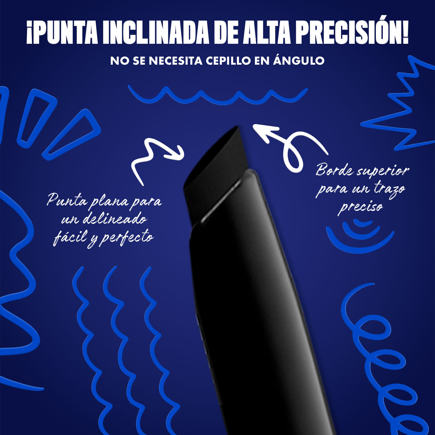 Blue-themed NYX graphic highlighting the slanted tip of an eyeliner pen. Arrows explain how to use the flat edge for wings and the top edge for precise lines. Text: "Ultra precise slanted tip! No angled brush needed." in shade 01 Black Screen