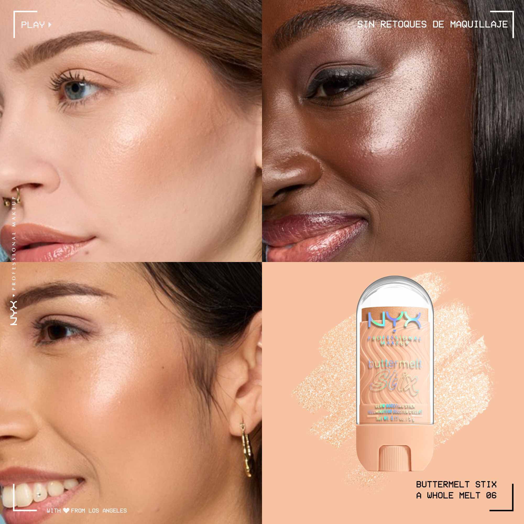 Quadrant showing Jelly Job lip macros on three models of fair, deep, medium skin tones and the product solider with swatch behind the hex code color in shade 06 A Whole Melt
