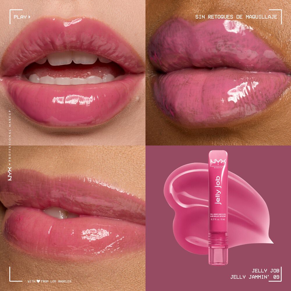 Quadrant showing Jelly Job lip macros on three models of fair, deep, medium skin tones and the product solider with swatch behind the hex code color in shade 09 Jelly Jammin'