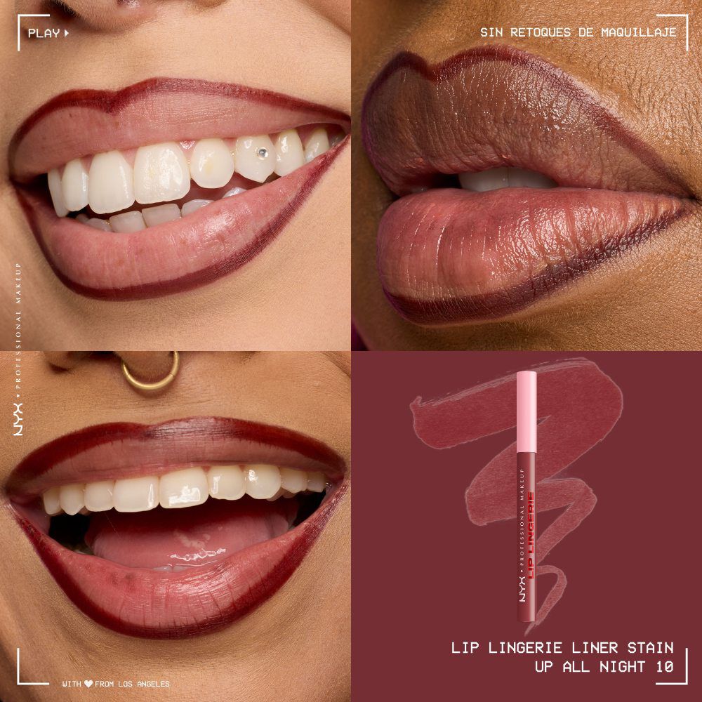 Quadrant showing Lip Lingerie Lip Liner Stain on three models of fair, deep, medium skin tones and the product solider with swatch behind the hex code color in shade 10 Up All Night