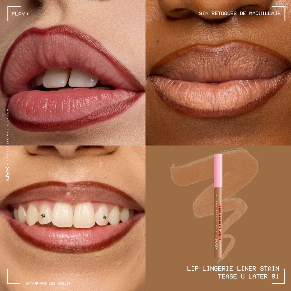 Quadrant showing Lip Lingerie Lip Liner Stain on three models of fair, deep, medium skin tones and the product solider with swatch behind the hex code color in shade 01 Tease U Later