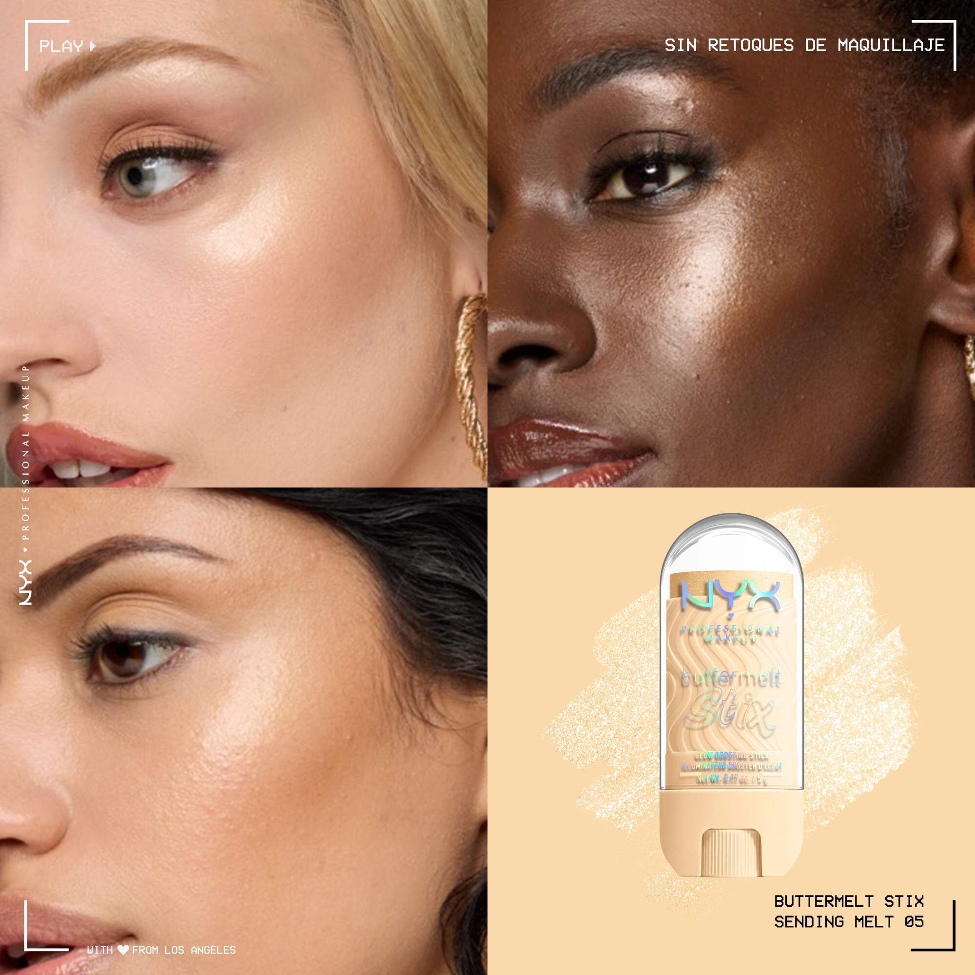 Quadrant showing Jelly Job lip macros on three models of fair, deep, medium skin tones and the product solider with swatch behind the hex code color in shade 05 Sending Melt