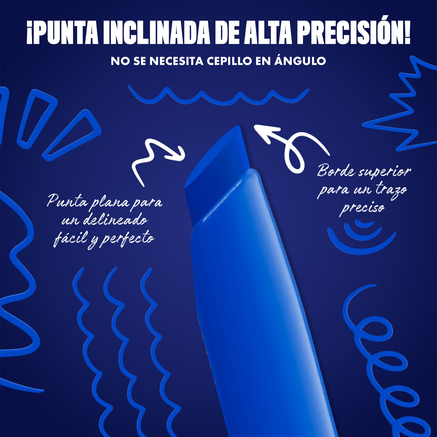Blue-themed NYX graphic highlighting the slanted tip of an eyeliner pen. Arrows explain how to use the flat edge for wings and the top edge for precise lines. Text: "Ultra precise slanted tip! No angled brush needed." in shade 05 Cobalt Click