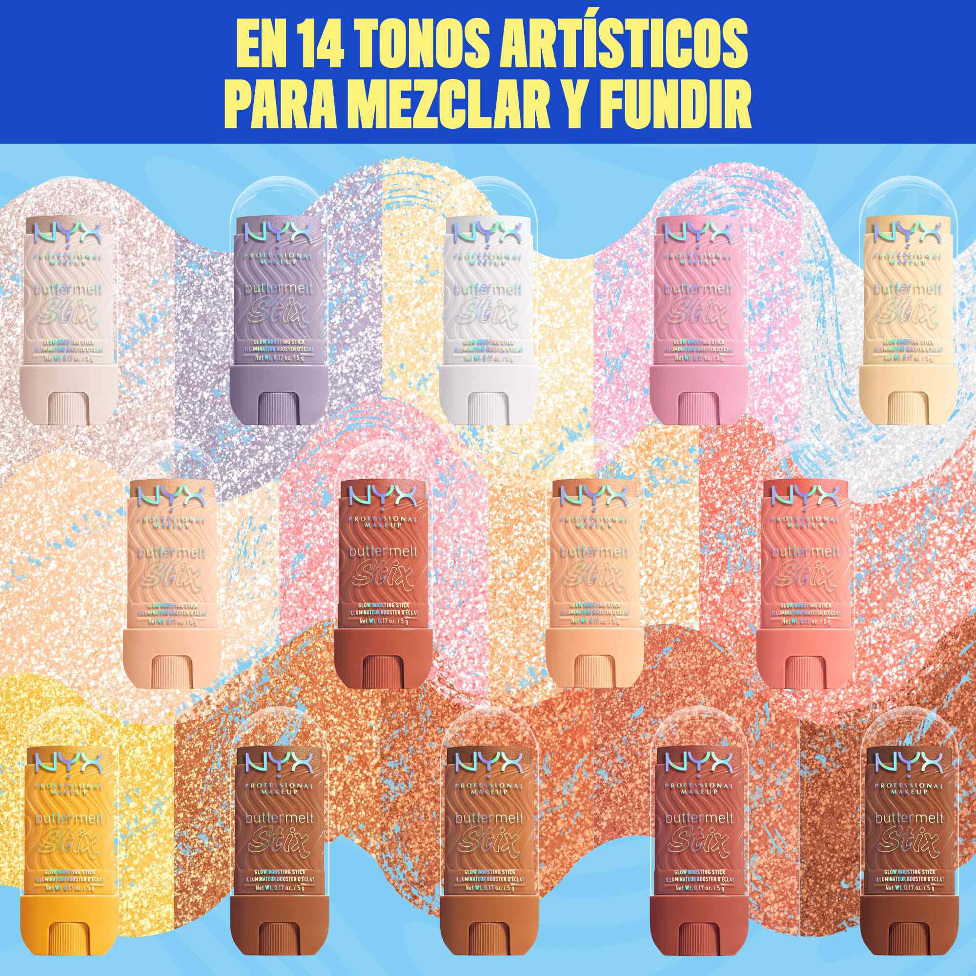Colorful graphic showing 14 Buttermelt Stix in an array of pastel and warm shades arranged in two rows. Background features watercolor-like smudges in corresponding tones. Header reads: "In 14 artistry shades to mix it & melt it!"