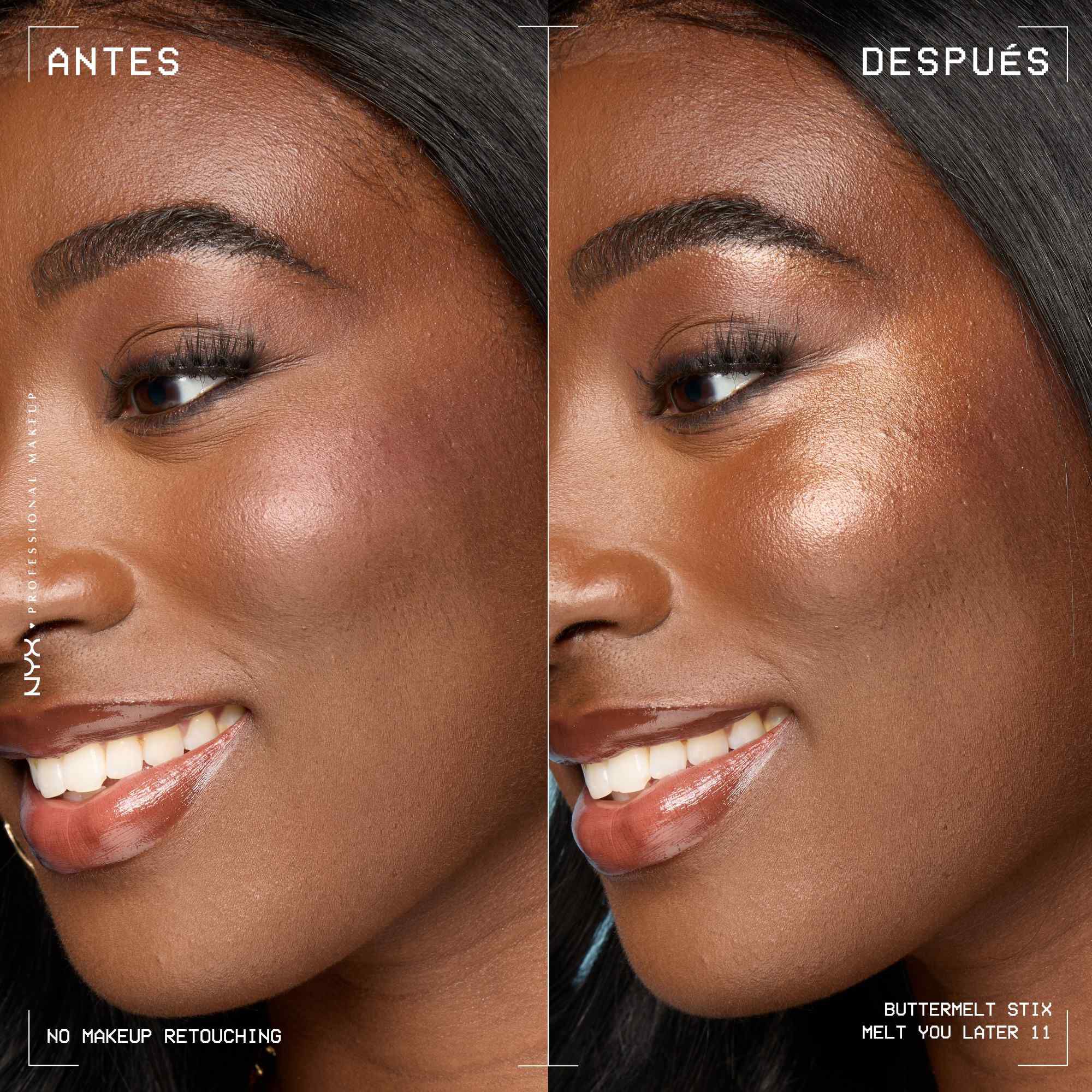 A side view of a model's face showing before and after results of using Buttermelt Stix in shade 11 Melt You Later