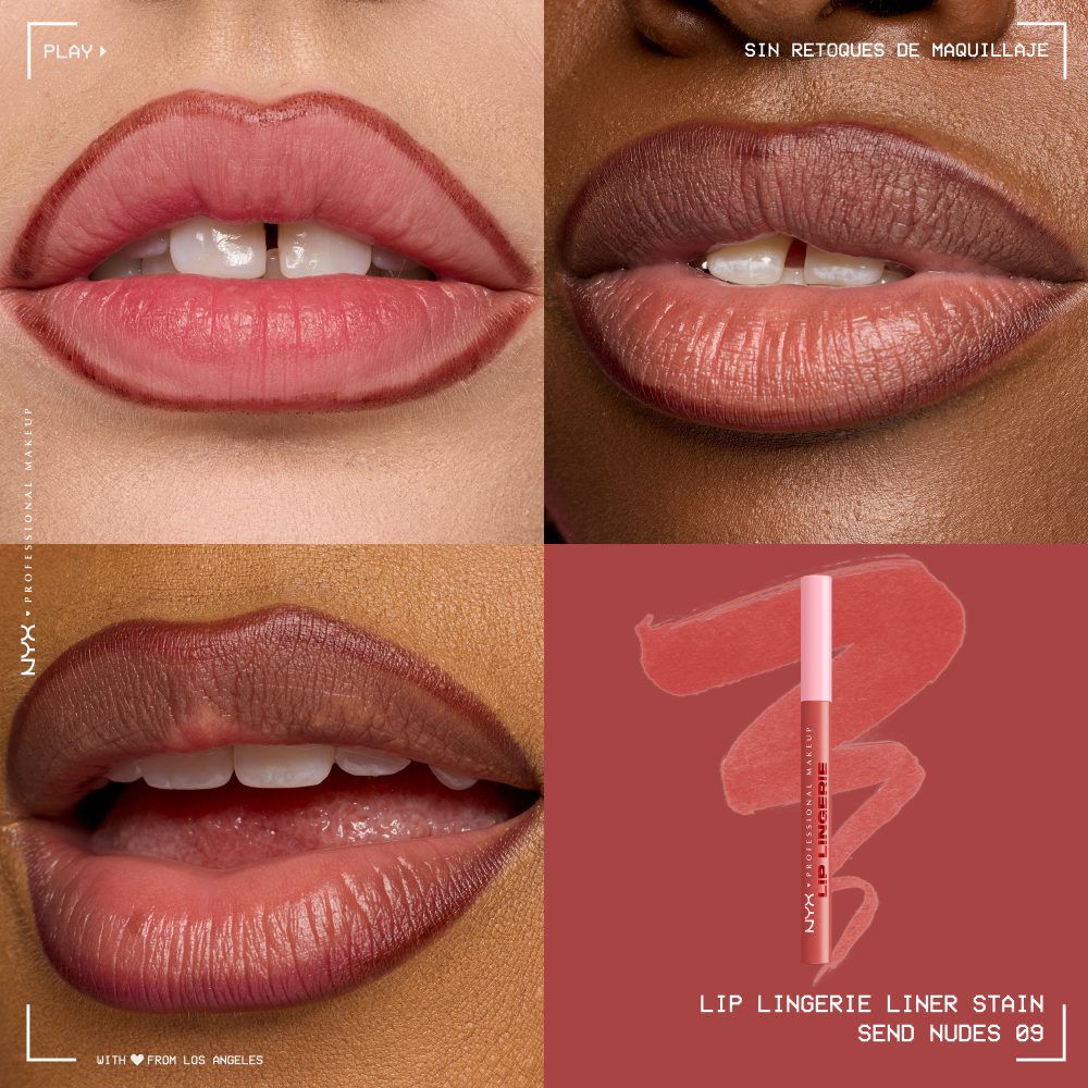 Quadrant showing Lip Lingerie Lip Liner Stain on three models of fair, deep, medium skin tones and the product solider with swatch behind the hex code color in shade 09 Send Nudes