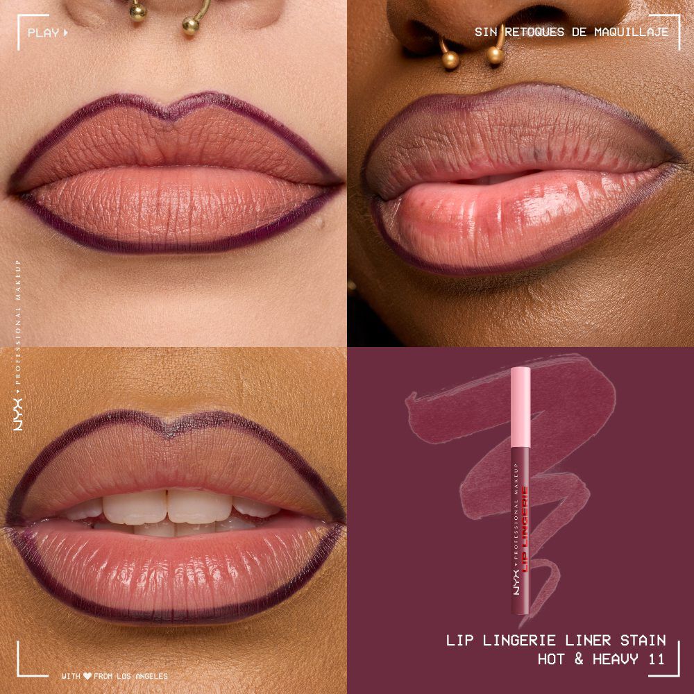 Quadrant showing Lip Lingerie Lip Liner Stain on three models of fair, deep, medium skin tones and the product solider with swatch behind the hex code color in shade 11 Hot & Heavy