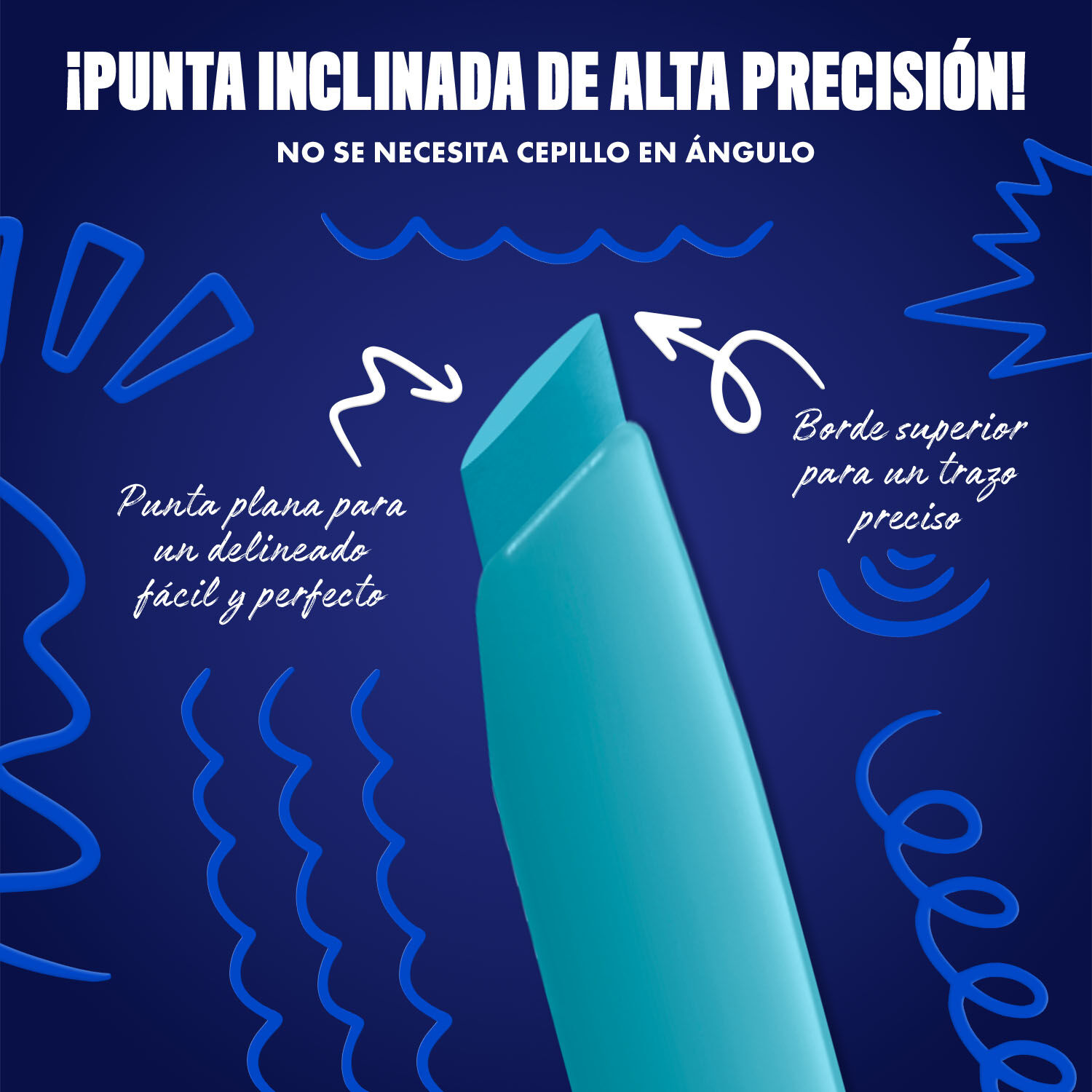 Blue-themed NYX graphic highlighting the slanted tip of an eyeliner pen. Arrows explain how to use the flat edge for wings and the top edge for precise lines. Text: "Ultra precise slanted tip! No angled brush needed." in shade 06 Cyber Cyan