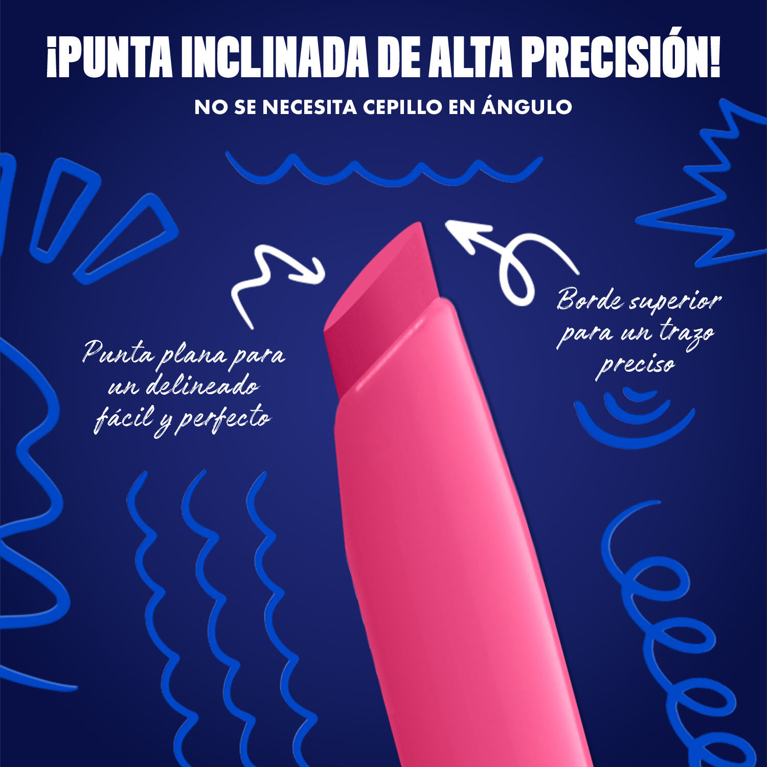 Blue-themed NYX graphic highlighting the slanted tip of an eyeliner pen. Arrows explain how to use the flat edge for wings and the top edge for precise lines. Text: "Ultra precise slanted tip! No angled brush needed." in shade 11 Pixel Pink