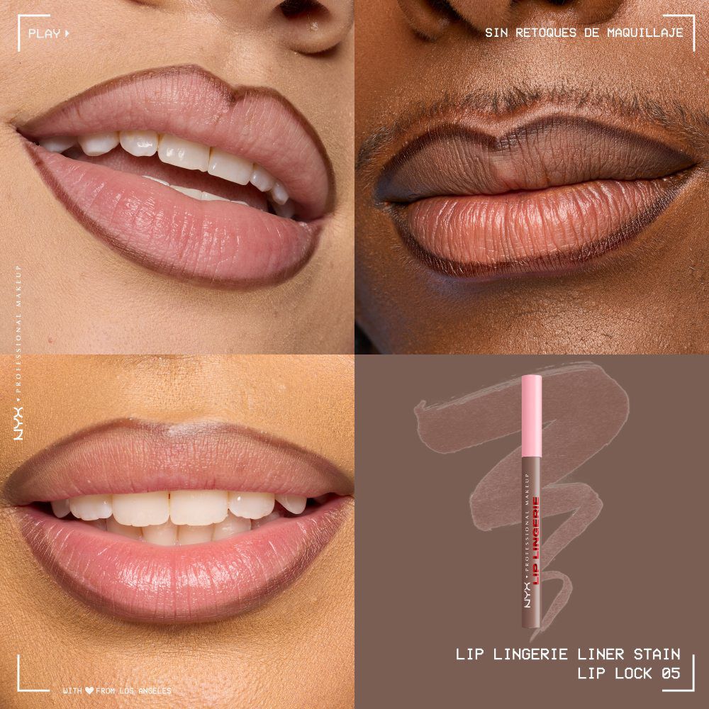 Quadrant showing Lip Lingerie Lip Liner Stain on three models of fair, deep, medium skin tones and the product solider with swatch behind the hex code color in shade 05 Lip Lock