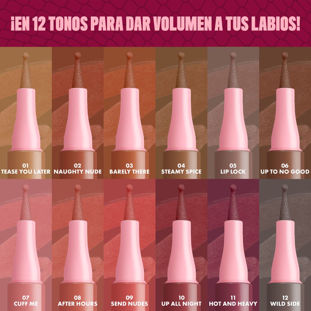 Display of 12 nude shades of NYX Lip Lingerie Liner. Each shade is shown in a vertical pen format with pink caps and labeled with names like "Take You There," "Warm Up," "Baby Doll," and "Cuff Me." Title reads: "In 12 sexy lip-enhancing nudes!"