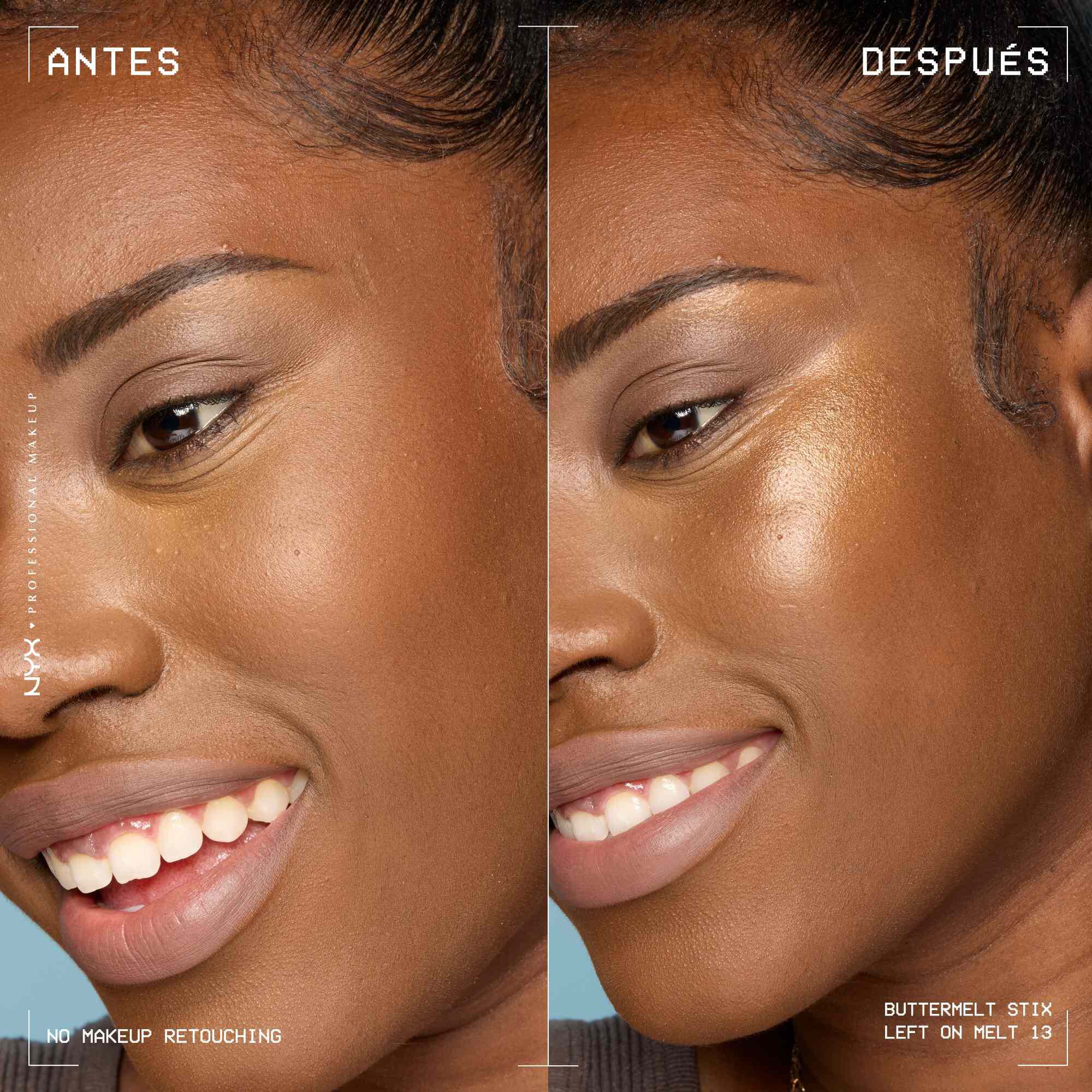 A side view of a model's face showing before and after results of using Buttermelt Stix in shade 13 Left On Melt
