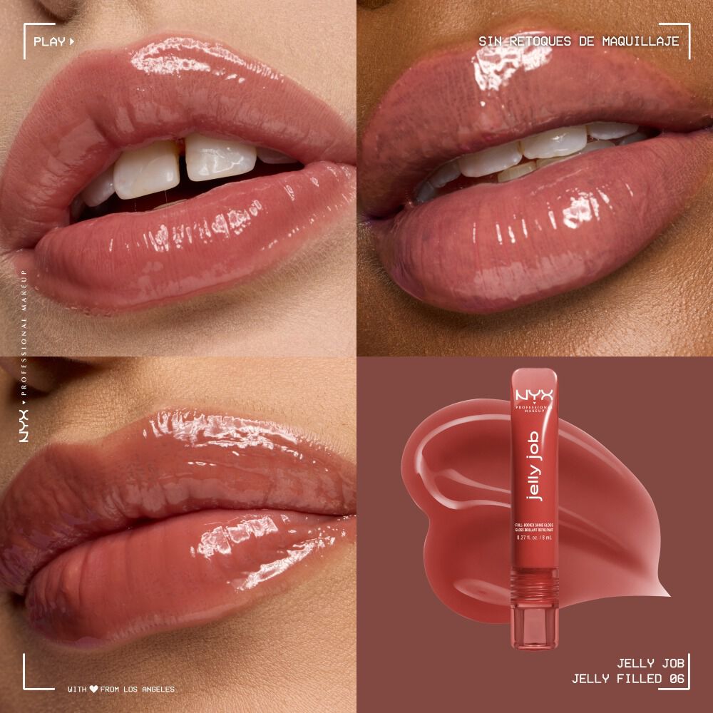 Quadrant showing Jelly Job lip macros on three models of fair, deep, medium skin tones and the product solider with swatch behind the hex code color in shade 06 Jelly Filled