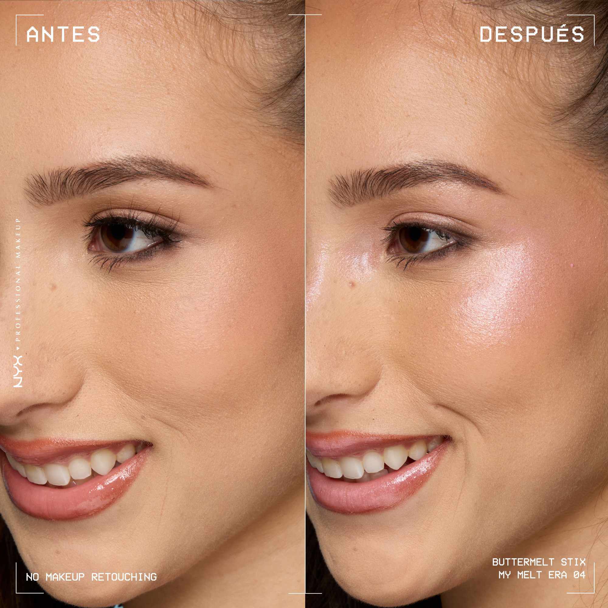 A side view of a model's face showing before and after results of using Buttermelt Stix in shade 04 My Melt Era