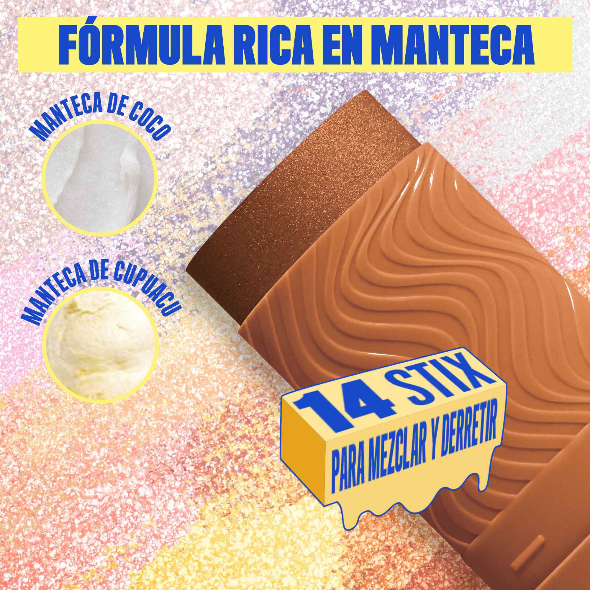 Buttermelt Stix product shown with various swatch textures as the background focusing on the coconut butter and cupuacu butter ingredients in shade 12 It's Giving Melt