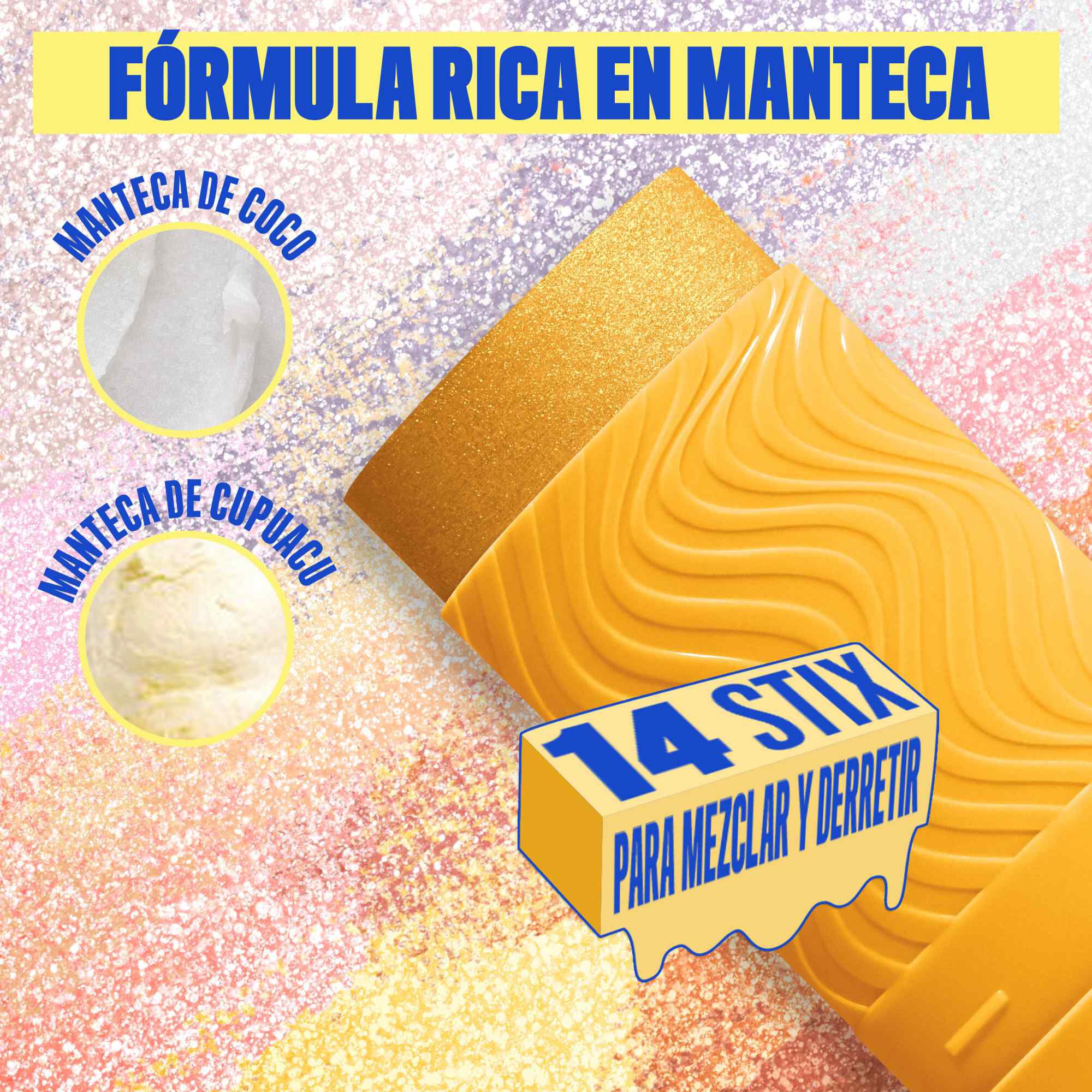 Buttermelt Stix product shown with various swatch textures as the background focusing on the coconut butter and cupuacu butter ingredients in shade 10 Worth Melting For