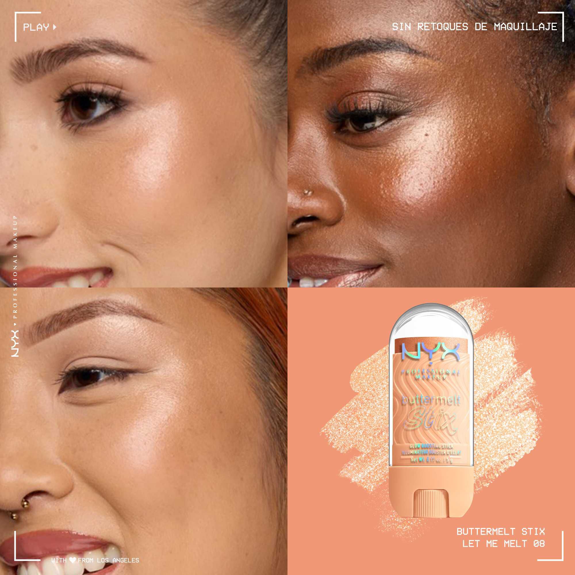 Quadrant showing Jelly Job lip macros on three models of fair, deep, medium skin tones and the product solider with swatch behind the hex code color in shade 08 Let Me Melt