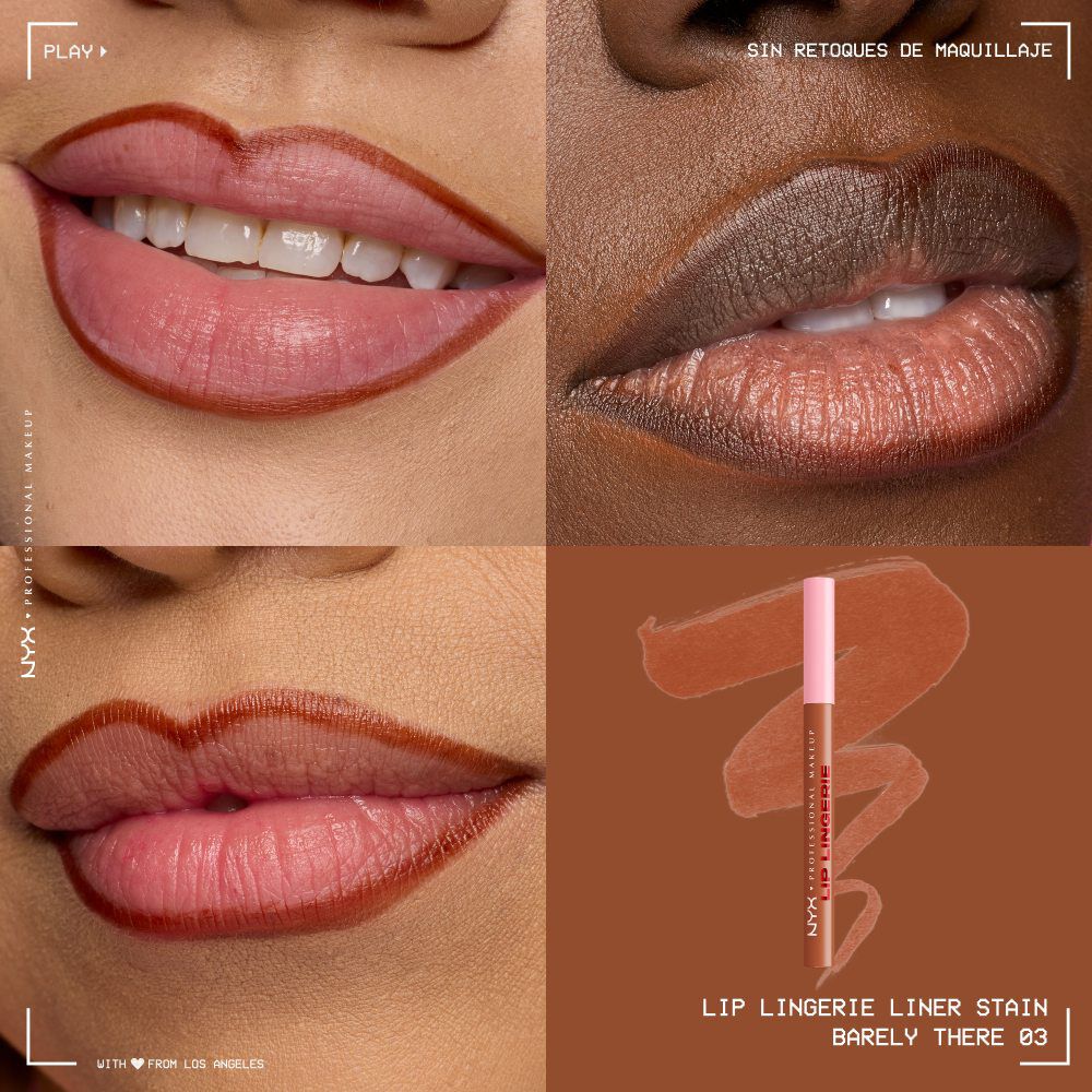 Quadrant showing Lip Lingerie Lip Liner Stain on three models of fair, deep, medium skin tones and the product solider with swatch behind the hex code color in shade 03 Barely There