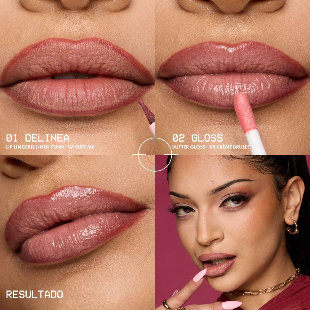 Beauty Visual of a model showing wearing Lip Lingerie Lip Liner Stain in shade 07 Cuff Me and Butter Lip Gloss 05 Creme Brulee