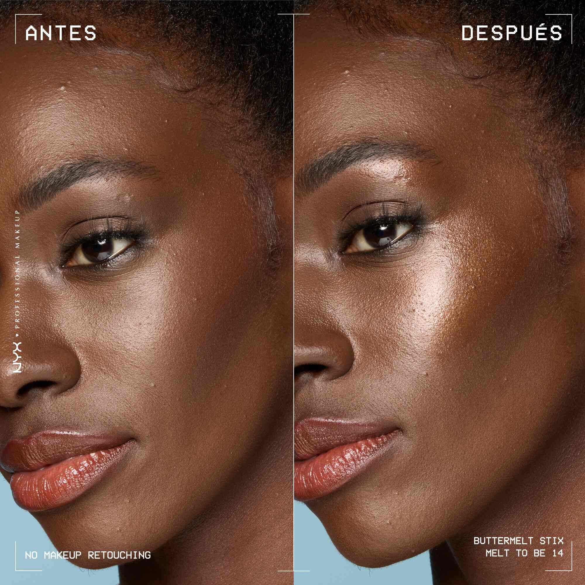 A side view of a model's face showing before and after results of using Buttermelt Stix in shade 14 Melt To Be