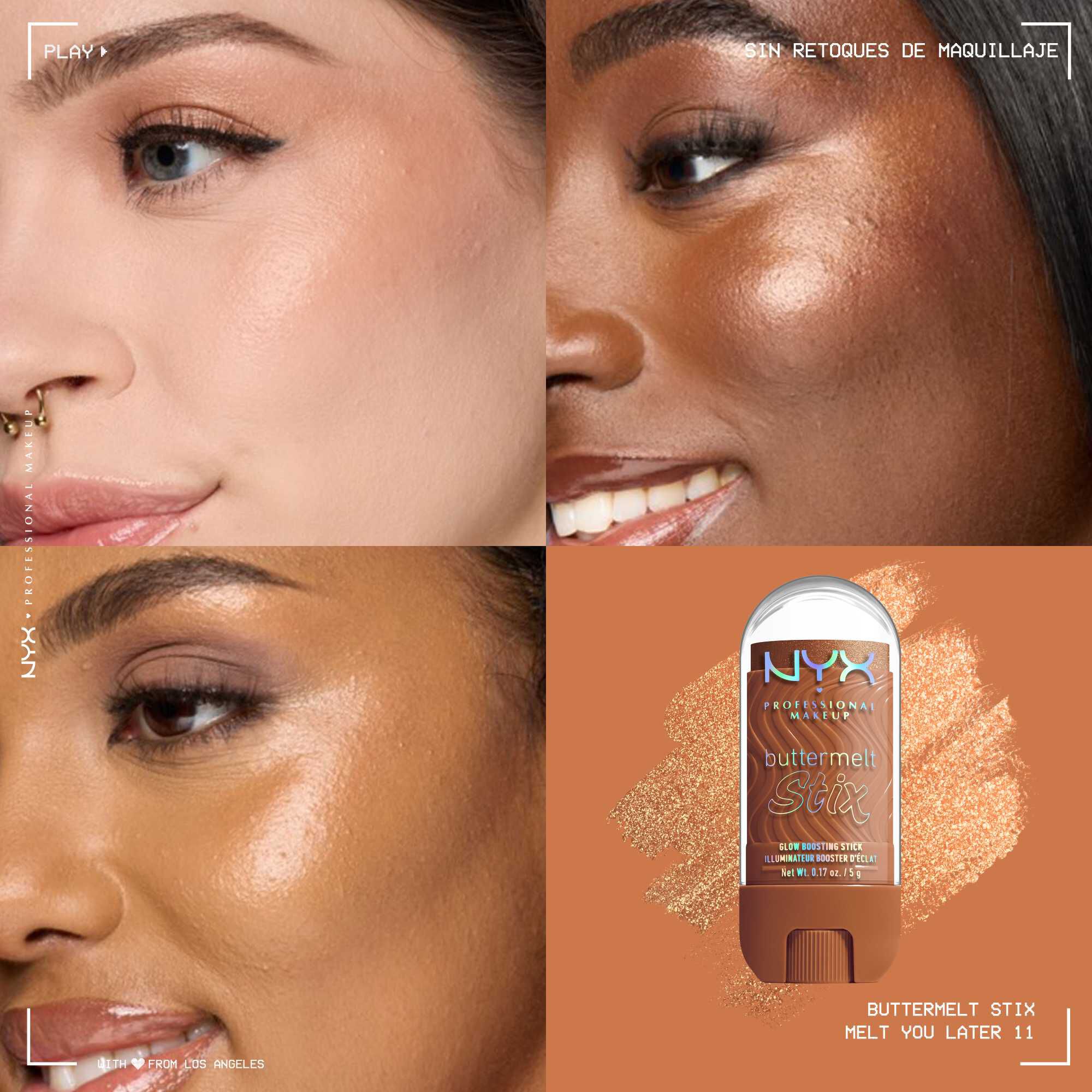 Quadrant showing Jelly Job lip macros on three models of fair, deep, medium skin tones and the product solider with swatch behind the hex code color in shade 11 Melt You Later