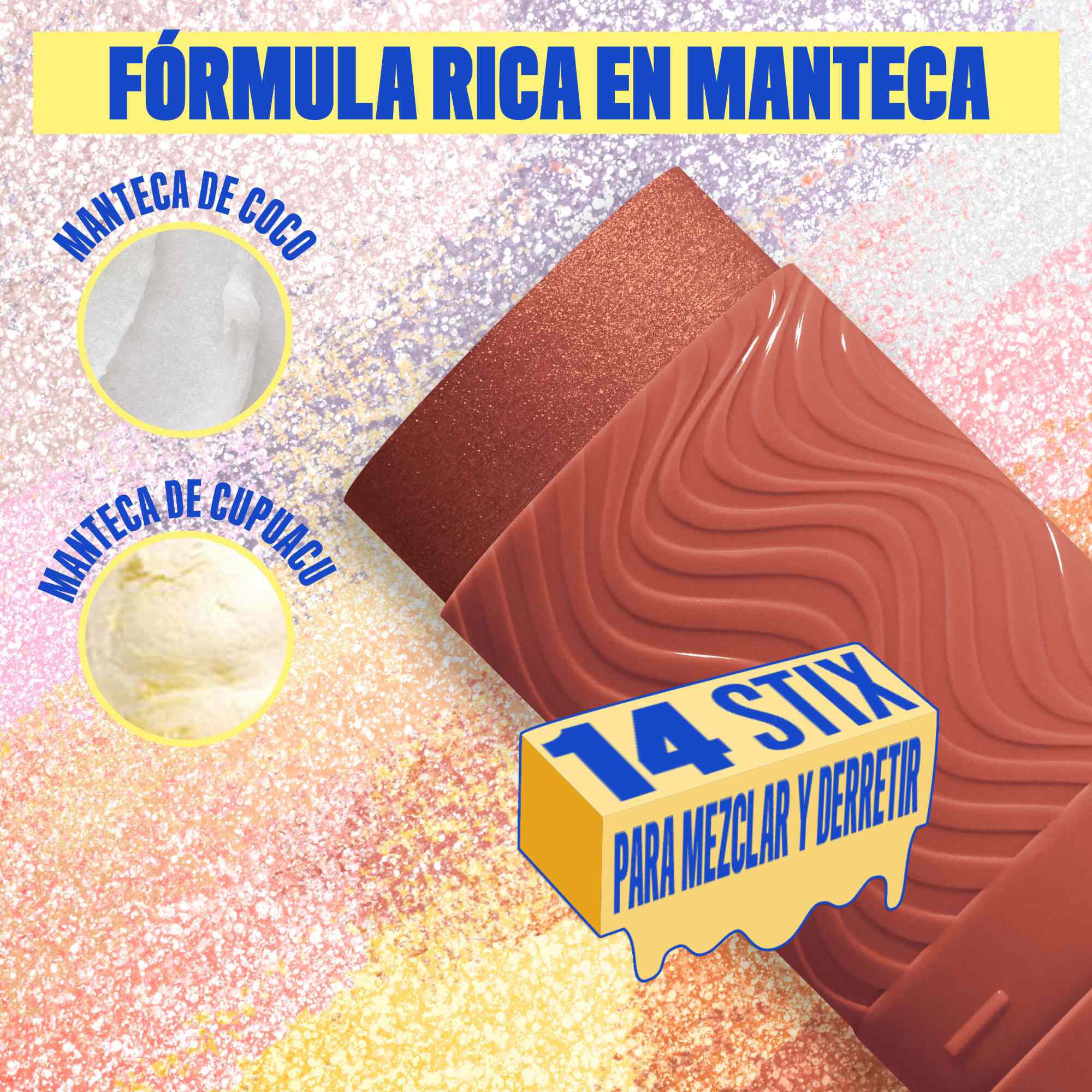 Buttermelt Stix product shown with various swatch textures as the background focusing on the coconut butter and cupuacu butter ingredients in shade 13 Left On Melt