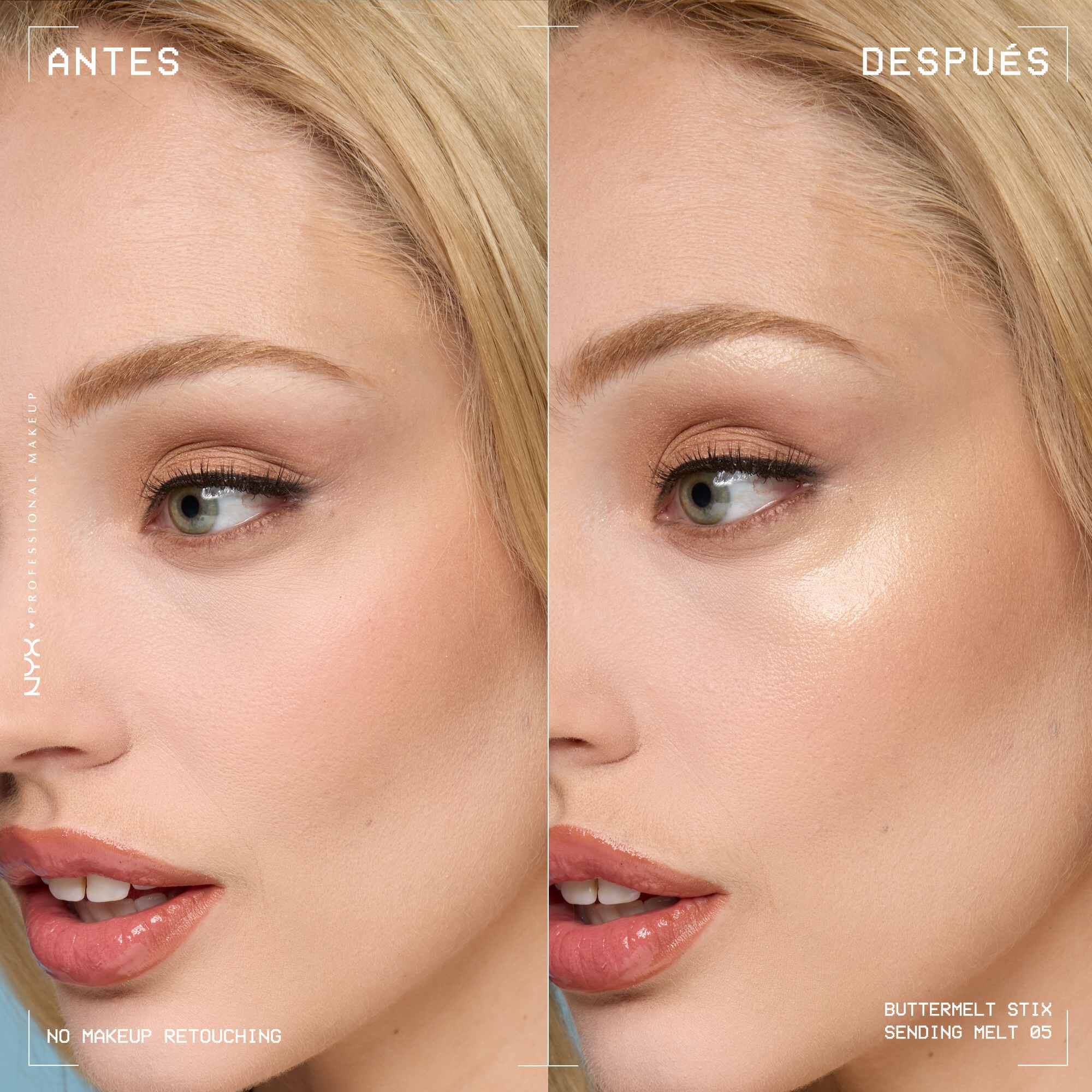 A side view of a model's face showing before and after results of using Buttermelt Stix in shade 05 Sending Melt